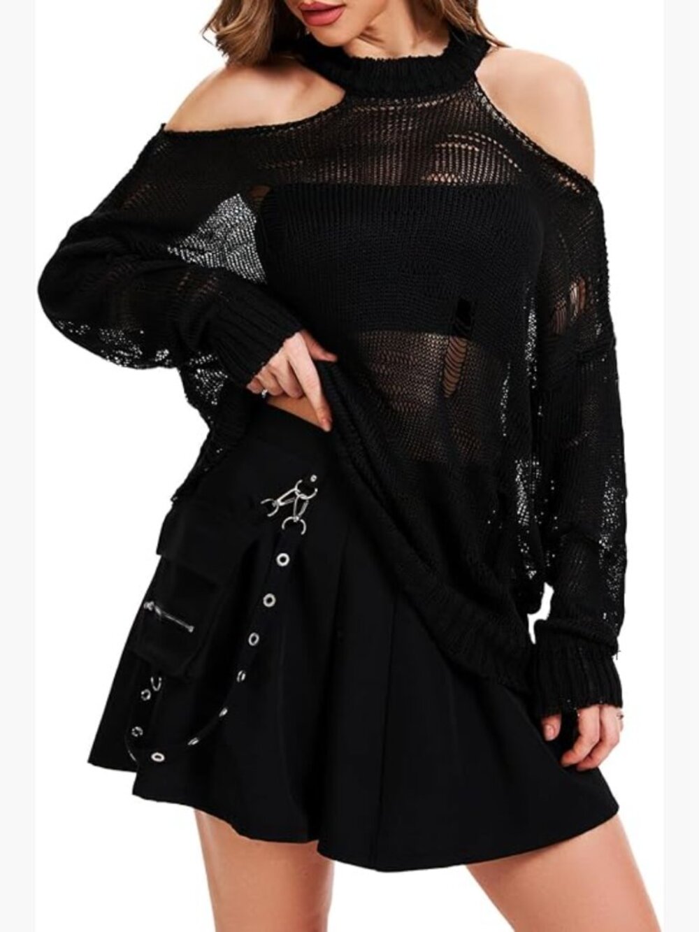 Off Shoulder Sweater Distressed Sheer Knit Punk Gothic Long Sleeve Top